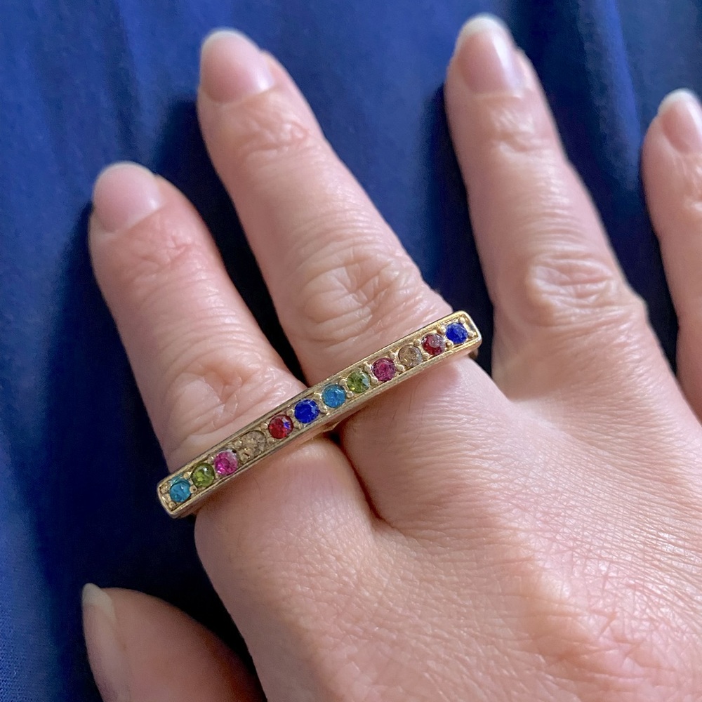 Multi-Colored Rhinestone Bar Two-Finger Ring